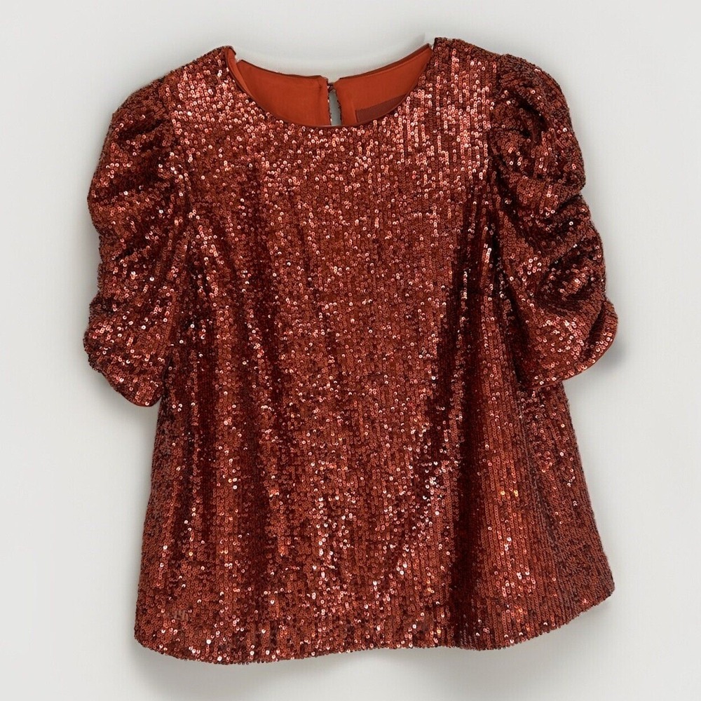 Anthropologie Copper Ruched Puff Sleeve Sequin Top 2 S Holiday Party NYE Glam